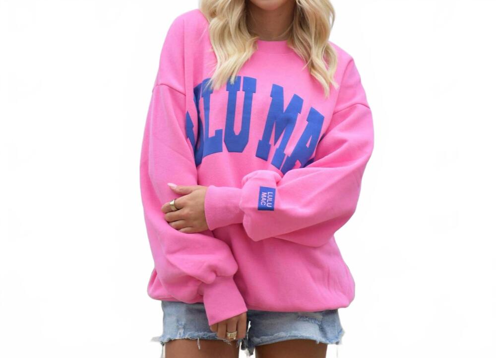 NEW LULU MAC girlie girl originals crewneck sweatshirt in pink/royal